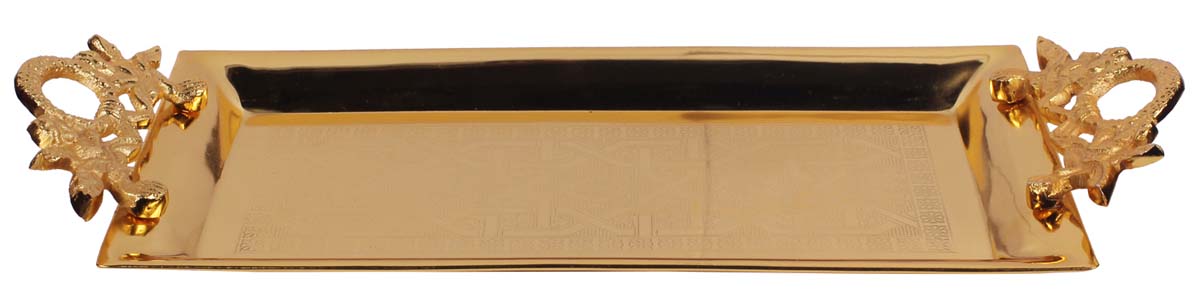 Buy in Bulk Wholesale Decorative Tray - 18” Rectangular Metal Golden Color - Hand-Etched Serving Tray with Decorative Aluminium Handles - Home Decor/Kitchen Essentials